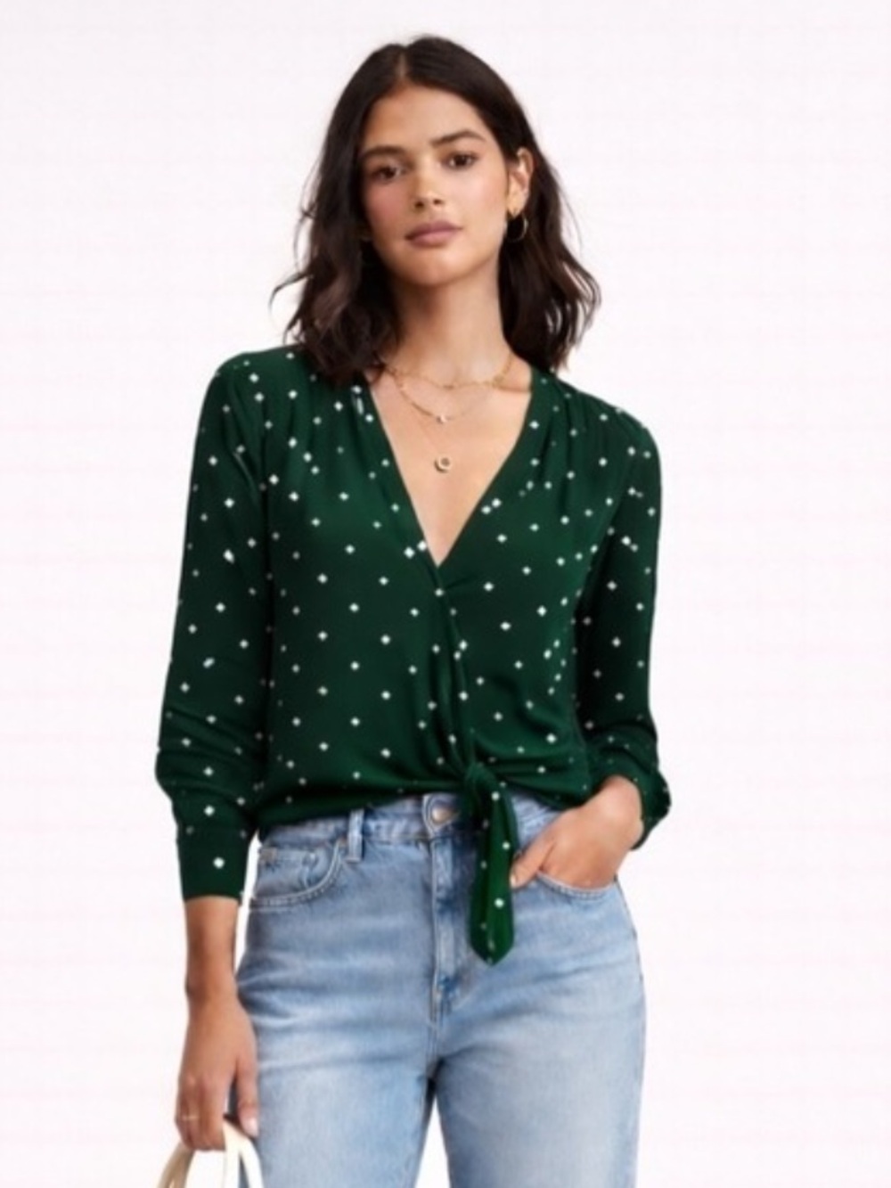 Madewell Green Polka Dot Tie-Front Blouse – Size L NWT